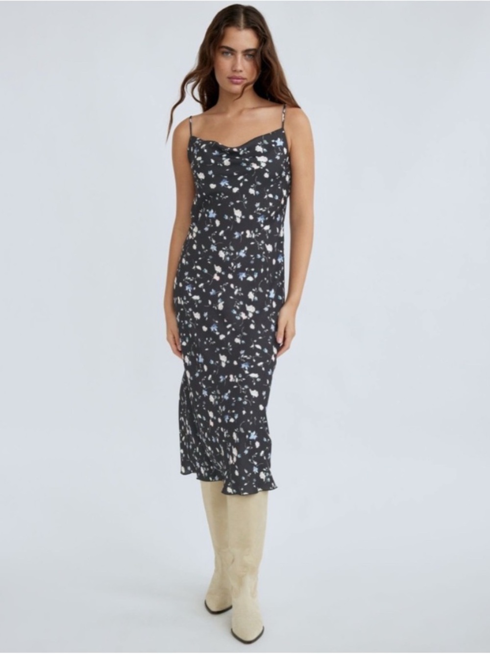 Aritzia Wilfred Floral Slip Midi Dress in Black
